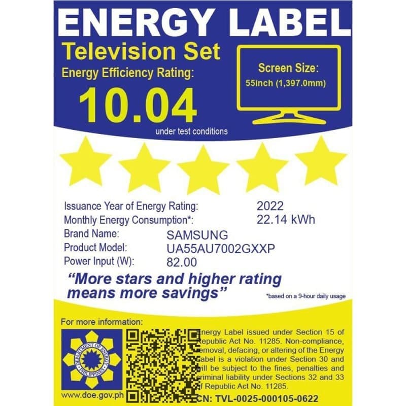 Samsung 55 in Crystal UHD 4K AU7002 Energy Label