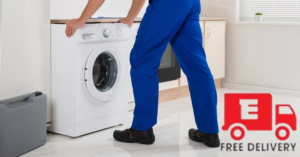 New washing machine delivered and installed in a laundry room