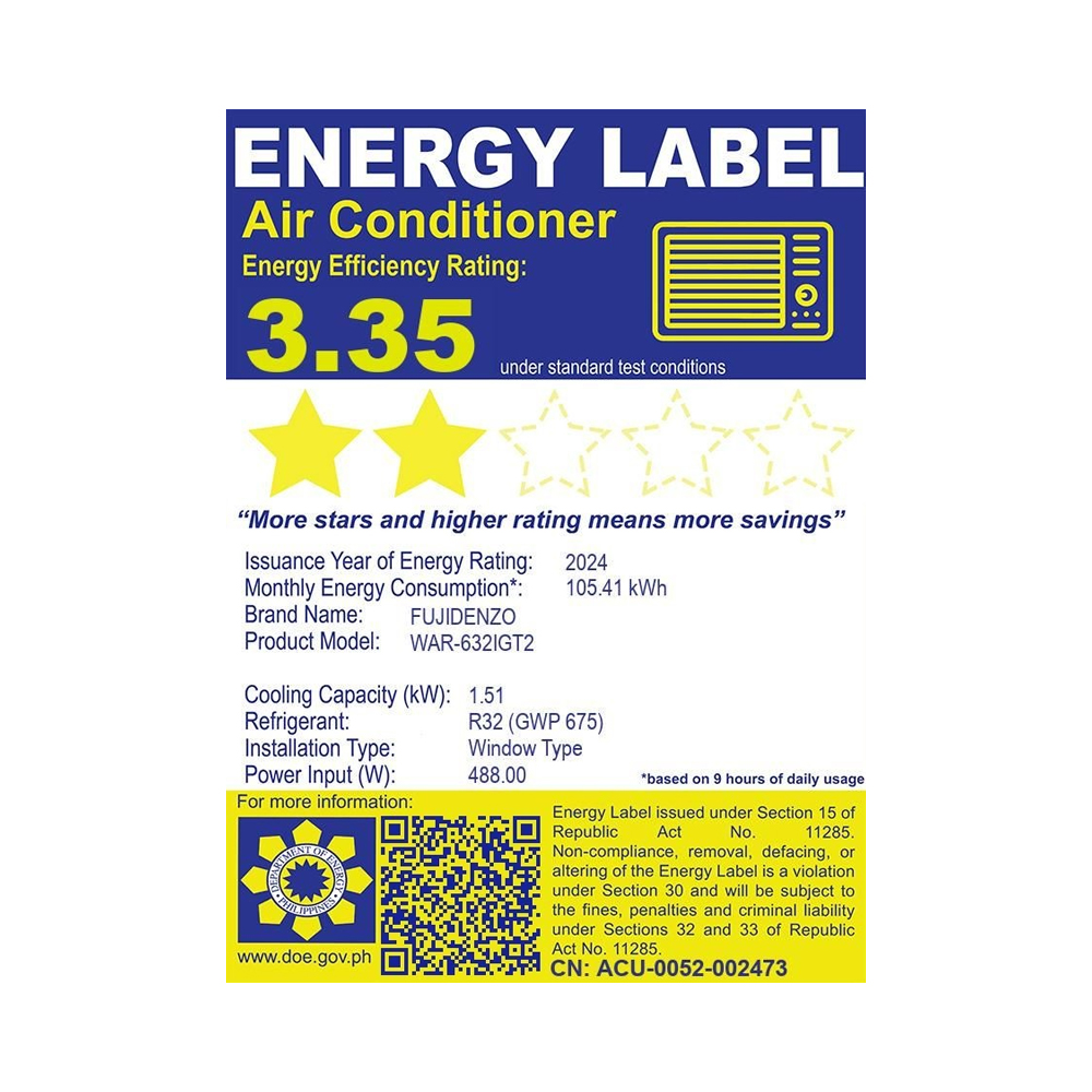 Fujidenzo 0.6 HP Window Type, Remote Control Aircon WAR-632IGT2 - Image 4